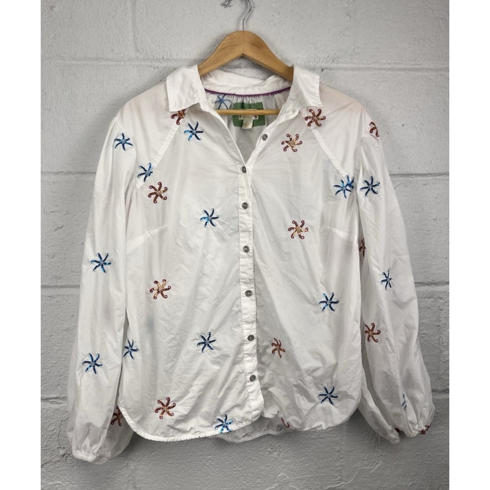 Maeve Anthropologie Embroidered Starfish Large Blouse White Sequin Ocean Buttons
